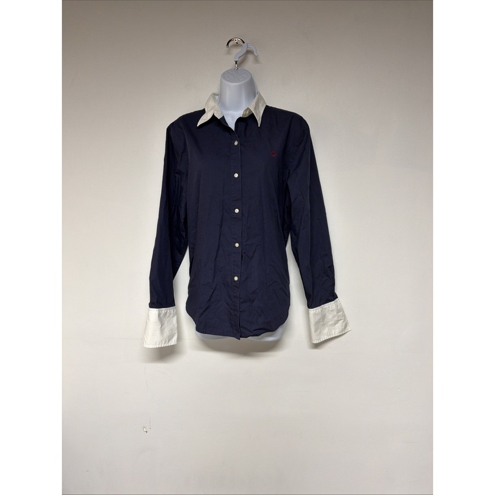 Lauren Ralph Lauren Womens Button Up Top Size L Blue Embroidered Logo Cotton